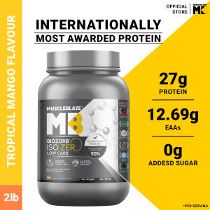 MuscleBlaze Biozorb Iso-Zero Low Carb (Tropical Mango 2lbs / 907g) | 27g Pure Whey Protein Isolate Per Scoop
