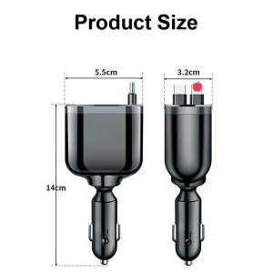 Car Charger 5-In-1  Dual USB 12V-24V With Retractable Cable Multi-PortFast Charging  Real-time Voltage Monitoring