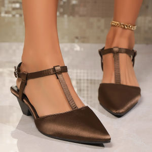 European and American Spring and Autumn New Pointed Toe Low Heel Baotou Back Empty Sandals Womens Foreign Trade Cross-border Satin Buckle Plus-size Womens Shoes