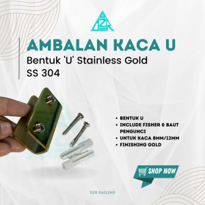 AMBALAN U GLASS CLIP JEPIT KACA GOLD BRAKET STAINLESS STEEL SS304 Jepit ambalan glass clip Ss 304 penjepit kaca stainless kamar mandi Finshing Gold