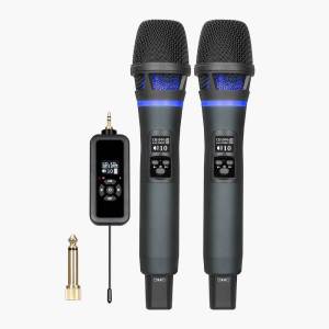 Wireless Microphone UHF Metal Dual Dynamic System with Rechargeable Receiver 12 Hour Use Handheld Karaoke Mic IR Linking Auto Connect for Karaoke Meeting Party Church DJ Wedding Home KTV