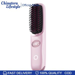Cordless Hair Straightener Brush USB Charging Electric Hot Straightening Comb Fast Heating with Negative Ion for Women Travel Gift
