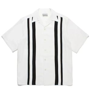 Classics WACKO MARIA Polyester Fiber Short Sleeve Black Stripe Printing Lapel Men Women Breathable Thin Button Shirt TEE 2025
