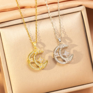 Fashion necklace pendant - Luxury and exclusive small-scale collar chain accessory 【钛钢】日韩时尚满钻镂空星星月亮项链女轻奢时尚新款锁骨链配饰