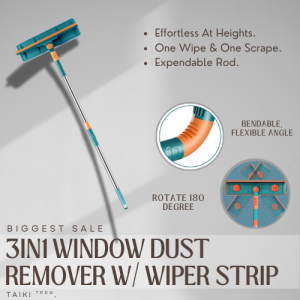 Best Seller 140CM 3-IN-1 WINDOW DUST REMOVER WITH WIPER STRIP | Double Sided Window Wiper | Dust Remover Glass Scraper & Cleaning Tool | Multi-Functional Window Cleaner | Removable Washable | Extendable Handle | 180° Rotatable Head | 140cm Telescopic Mop