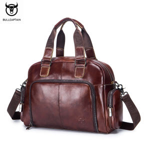 BULLCAPTAIN Leather Business Briefcase Mens Fashion 14.7 Laptop Document Travel Bag Premium Top Layer Cowhide Multi-Pocket Zipper Commuter Bag for Business Trip