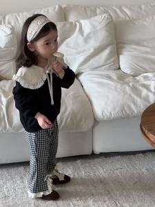 Childrens Autumn Outfit Korean Style Kids Clothing Baby Autumn Clothes Autumn Outfit Girls Lace Collar Sweatshirt Plaid Pants Set