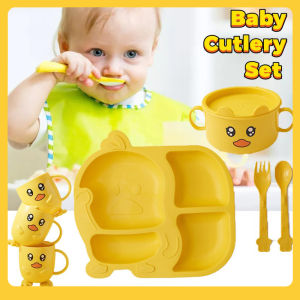 5pcs/set Baby Small Yellow Duck Bowl Cup Fork Spoon Tableware Creative Cartoon Dinner Plate Eating Training Tableware