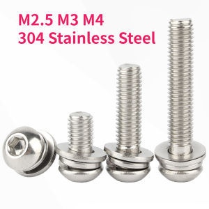 M2.5 M3 M4 304 A2 Stainless Steel Hex Socket Round Head Cap Screw Furniture Fastener Bolt With Flat Spring Washer Combination