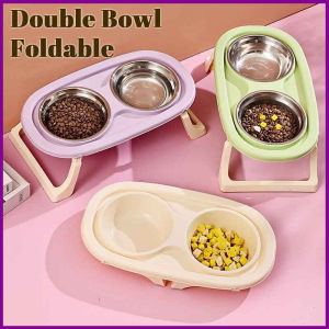 Pet Stainless Steel Double Bowl Foldable High Foot Spine Protection Makanan Kucing Mangkuk
