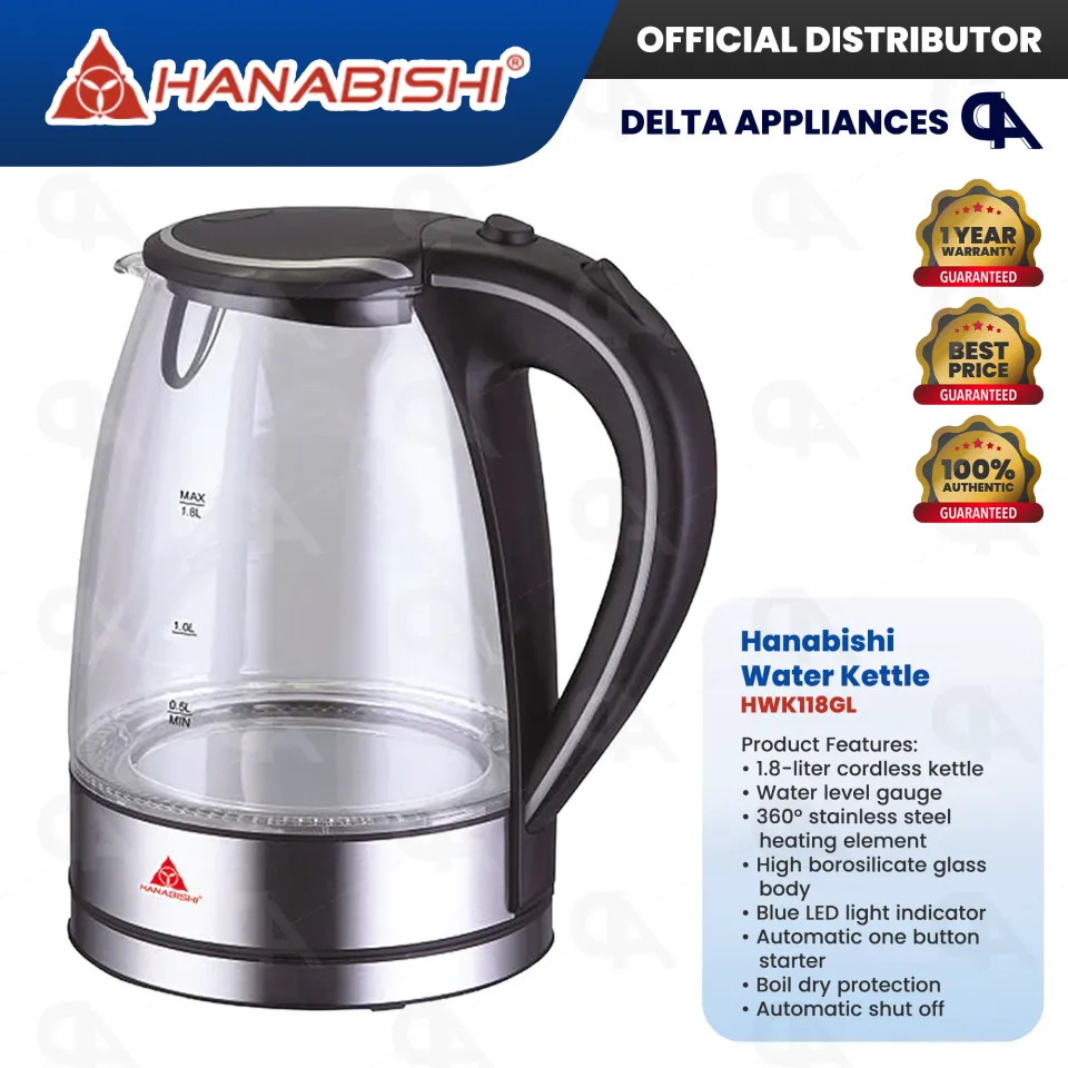 Hanabishi Electirc Kettle 1.8L Glass with LED Lights Original 1 Year Warranty HWK 118GL Lazada PH