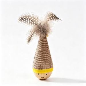Natural Beechwood Wobble Pet Toy Self-Righting Cat Toy with Feathers for CatsSmall Dogs
