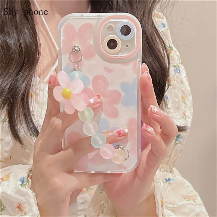 INS Korea Cute Plating Flower Bracelet Chain Soft Phone Case for IPhone 13  12 11 Pro XS Max X XR Plus Wristband Shockproof Back Cover