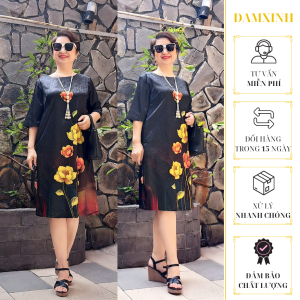 Váy Đầm Trung Niên Form A Che Bụng - Chất Gấm 2Da In 3D Sang Trọng 2 Túi Hông Dây Kéo Tốt Size Từ 48kg Đến 90kg.