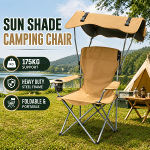 Oversized Camping Folding Chair Heavy Duty Outdoor Seat Supports 175kg With Sun Shade