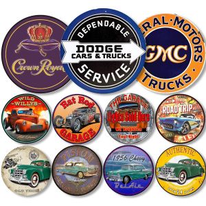 Tấm Biển Hiệu Thiếc Kim Loại Cổ Điển Đánh Dấu Hình Tròn Áp Phích Đồ Uống Tấm Biển Trang Trí Tường Bằng Kim Loại Thương Hiệu Xe Hơi Cổ Điển Áp Phích Trang Trí Biển Hiệu Quán Cà Phê Quán Bar Quán Rượu 30 x 30cm