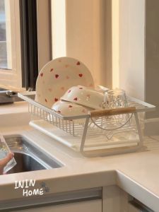 SJORAGE On Hand🔥 Dish Rack with Wooden Handle and Removable Water Tray Kitchen Organizer Rack