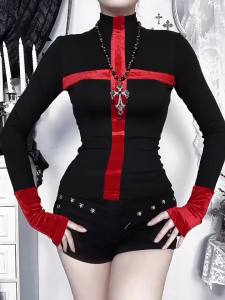 Goth Dark Flocking Punk Long Sleeve Cross T-shirts Mall Gothic Slim Tops for Women Casual Top Tees Y2K Alt clothes Halloween
