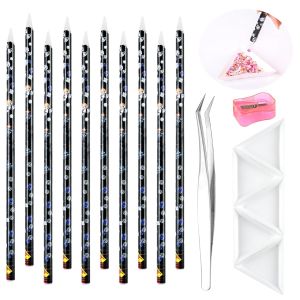 10 Pencil for Rhinestones Pick upWax Rhinestone Picker Tool Pencil Nail Dotting Applicator White Bead Sorting Tray Triangular Plate 1 Pencil Sharpener 1 Tweezers for Nail Art DIY