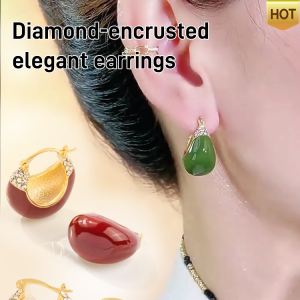 H Elegant Green Diamonds Cshaped Earrings