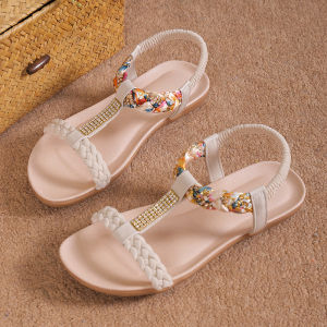 Free Shipping WomenS Summer Sandals Bohemian Style With Rhinestone Embellishments Flat Heels Soft Soles And A Fish-Mouth Design Available In Plus Sizes And In Stock