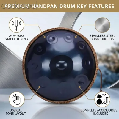 Dodocool Summina Handpan Drum 22 Inch D Minor Kurd 440Hz 10 Notes Professional Handpan Instrument for Adults Nitrogen Steel Hand Drum with Stand Carrying Backpack Drumsticks & Cleaning Cloth (Gold)