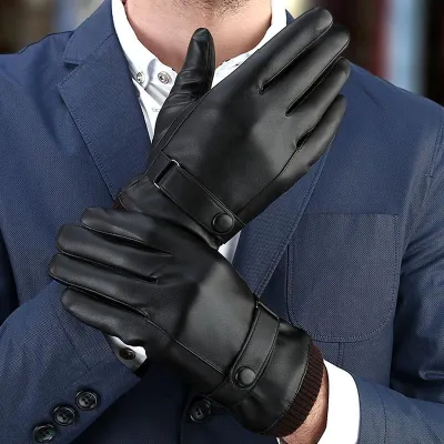 Men Leather Gloves Touch Screen Winter Windproof Keep Warm Driving Guantes