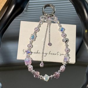 Light luxury pearl crystal phone chain fashionable and elegant car keychain ins style high-end alloy bag decoration