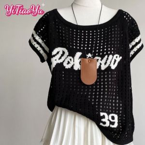 Yitiaoyu Knitted Hollow Jacquard Letter Short Sleeve T-shirt Loose Casual Top Womens Dress