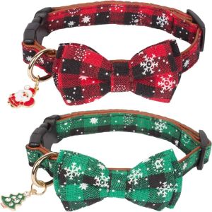 OUTOPEN 2Pcs/Set Snowflake Pattern Christmas Dog Collar Red Green Plaid Adjustable Cat Bow Collar Cute Removable Puppy Collar Dogs