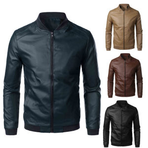 YCHION Men Leather Jackets Stand Collar Jackets and Coats Simple Mens Leather Jacket Simple Style Faux Leather Jacket Men 4XL