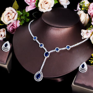 CWWZircons Dangle Water Drop Royal Blue African Cubic Zirconia Bride Jewelry Sets for Women Wedding Necklace and Earrings T623