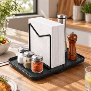 JIANZ Raised Edge 360° Rotating Napkin Holder Anti-Slip Metal Frame Standing Napkin Dispenser Kitchen Gadget Space Saving Condiment Organizer Kitchen
