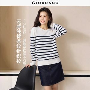 Giordano Beau Monde Women 100% Cotton stripe sweater Free Shipping 13355853