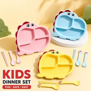 4Pcs Kids Divided Dinner Plate Set Portable Tableware for Baby Lunch Box with Bowl Spoon & Fork