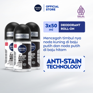 (PAKET HEMAT ISI 3) NIVEA MEN Deodorant Roll On Black & White Invisible Original 50ml - Deodoran pria melawan bakteri keringat bau badan teknologi anti noda kuning putih dan residu wangi segar 72 jam - Antiperspiran tidak mengandung ethyl alkohol