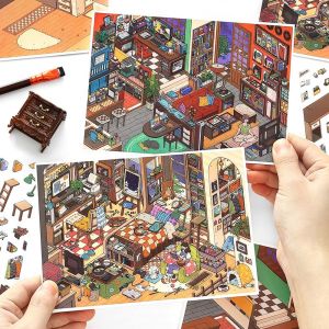 NALANILI 2 Chủ đề Bộ sưu tập nhãn dán cảnh quan thu nhỏ PET 3D Sticker cảnh nhà gỗ tự làm  Có thể tháo rời Sticker Phong Cảnh 3D Giải nén