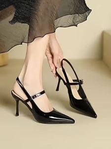 [Free Shipping] Plus Size 34-42 Slip-On High-Heeled Shoes With Open Back Stiletto Heel Fashionable Shallow Pointed Toe Patent Leather Sandals