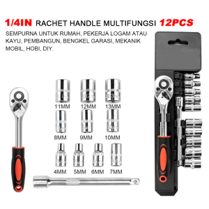 Kunci Sok Set 1/2 1/4" 8-24mm 4-13mm 12 Pcs Kunci Shock Socket Motor Lengkap CR-V 12pcs Wrench Rachet Handle 1/2 1/4 Inch