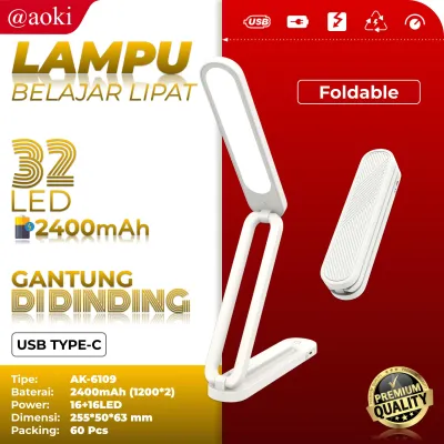 AOKI Lampu belajar lipat pratis 2400mah daya tahan lama dual baterai Baca Meja Kerja