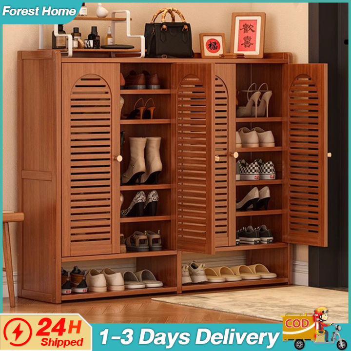 Ready Stock) Shoe Cabinet Wood Shutter Door Bamboo Shoe Racks