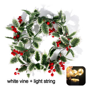 2M Christmas Artificial Holly Leaves Red Berry Vine with Warm String Light DIY Xmas Tree Door Window Table Decors Wreath Red Berry Hanging Vine Simulated Rattan Home Decoration Xmas Party Supplies