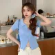 ZD Spring New Double Zipper Top Women's Knitted Cardigan Short Slim Fit Jacket T-Shirt Blue Short Sleeve. 