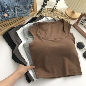 REEBO With Chest Pads Bra Square Collar Sleeveles Camisole Black White Grey Solid Color Slim Pullover T Shirt Basic Square Tank Top Vest Autumn Summer