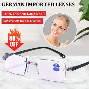 Auto Zoom Dual-distance Use Radiation Protect Presbyopic Glasses Cut Edge Frameless Reading Glasses