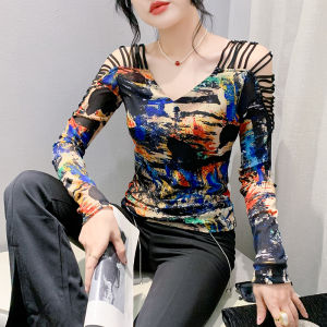 YIMEI 2024 autumn and winter new base shirt design with hollowed out diamond inlaid long sleeves V-neck mesh printed T-shirt beautiful off shoulder womens top