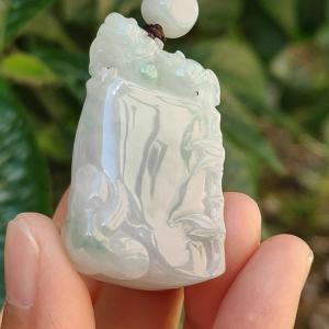 Crafted as Bamboo with Pixiu on it Light Green patches Natural Type A Jadeite Jade Pendant Necklace with certificate weigh 24.54 grams measurement 41.3 * 24.6 * 11.7 mm (pendant177)