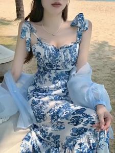 Shoulder Dress for Women Light Blue Summer Floral Casual Dresses㏇X0407