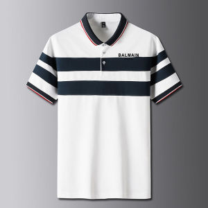 Original BALMAINˉPARIS Summer Mens Colorblock Short Sleeve Lapel Polo Shirt Classic Striped Short Sleeve T-Shirt Simple Versatile Business POLO Shirt