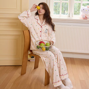 Womens pajamas new style for spring and autumn pure cotton long-sleeved plaid cardigan cartoon design all-cotton large size home wear set